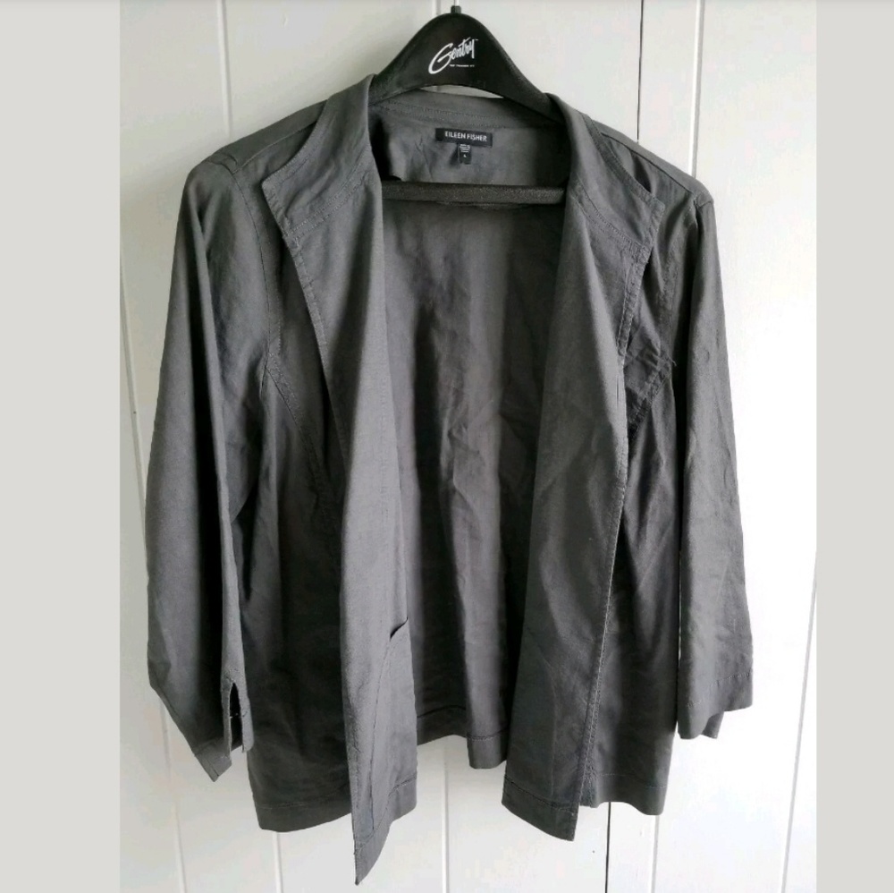 EILEEN FISHER Open Front Blazer Linen Blend Gray L